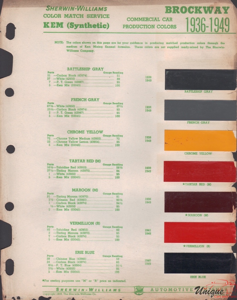 1936 Brockway Paint Charts Williams 1